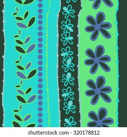 Seamless   pattern of  striped motif,   branches, leaves, ellipses, flowers,stripes, doodles. Hand drawn.