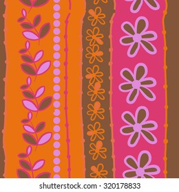 Seamless   pattern of  striped motif,   branches, leaves, ellipses, flowers,stripes, doodles. Hand drawn.