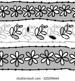 Seamless   pattern of  striped motif,   branches, leaves, ellipses, flowers,stripes, doodles. Hand drawn.