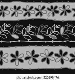 Seamless   pattern of  striped motif,   branches, leaves, ellipses, flowers,stripes, doodles. Hand drawn.