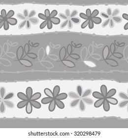 Seamless   pattern of  striped motif,   branches, leaves, ellipses, flowers,stripes, doodles. Hand drawn.