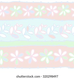 Seamless   pattern of  striped motif,   branches, leaves, ellipses, flowers,stripes, doodles. Hand drawn.