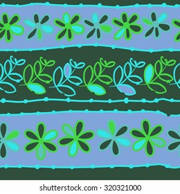 Seamless   pattern of  striped motif,   branches, leaves, ellipses, flowers,stripes, doodles. Hand drawn.