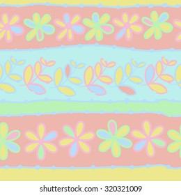 Seamless   pattern of  striped motif,   branches, leaves, ellipses, flowers,stripes, doodles. Hand drawn.