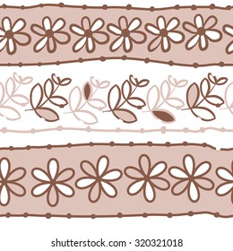 Seamless   pattern of  striped motif,   branches, leaves, ellipses, flowers,stripes, doodles. Hand drawn.