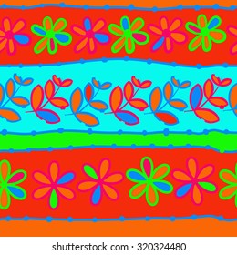 Seamless   pattern of  striped motif,   branches, leaves, ellipses, flowers,stripes, doodles. Hand drawn.