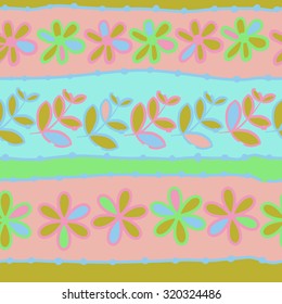 Seamless   pattern of  striped motif,   branches, leaves, ellipses, flowers,stripes, doodles. Hand drawn.