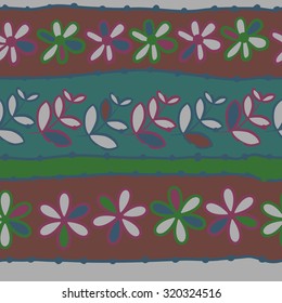 Seamless   pattern of  striped motif,   branches, leaves, ellipses, flowers,stripes, doodles. Hand drawn.