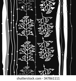 Seamless  pattern  of striped  motif, doodles, branches, spots,stripes, hole. Hand drawn.