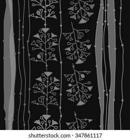 Seamless  pattern  of striped  motif, doodles, branches, spots,stripes, hole. Hand drawn.