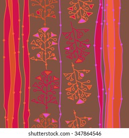 Seamless  pattern  of striped  motif, doodles, branches, spots,stripes, hole. Hand drawn.