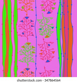 Seamless  pattern  of striped  motif, doodles, branches, spots,stripes, hole. Hand drawn.