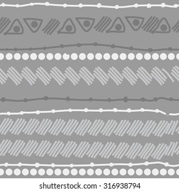 Seamless   pattern of striped motif, ellipses, stripes, doodles. Hand drawn.