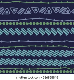 Seamless   pattern of striped motif, ellipses, stripes, doodles. Hand drawn.