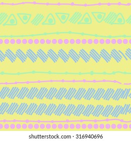 Seamless   pattern of striped motif, ellipses, stripes, doodles. Hand drawn.