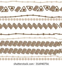 Seamless   pattern of striped motif, ellipses, stripes, doodles. Hand drawn.