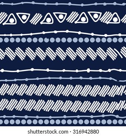 Seamless   pattern of striped motif, ellipses, stripes, doodles. Hand drawn.