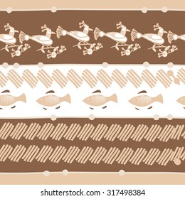 Seamless   pattern of striped motif, ellipses, stripes,birds, fishes, doodles. Hand drawn.