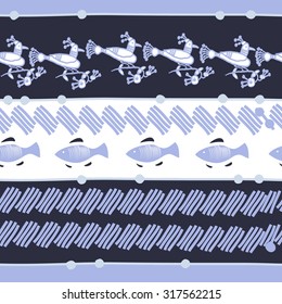 Seamless   pattern of striped motif, ellipses, stripes,birds, fishes, doodles. Hand drawn.