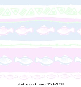 Seamless   pattern of striped motif, ellipses, stripes, doodles, fishes. Hand drawn.