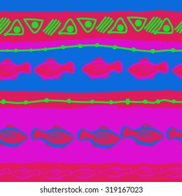 Seamless   pattern of striped motif, ellipses, stripes, doodles, fishes. Hand drawn.