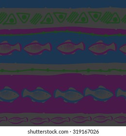 Seamless   pattern of striped motif, ellipses, stripes, doodles, fishes. Hand drawn.