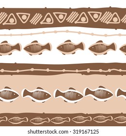 Seamless   pattern of striped motif, ellipses, stripes, doodles, fishes. Hand drawn.