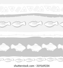 Seamless   pattern of striped motif, ellipses, stripes, doodles, fishes. Hand drawn.