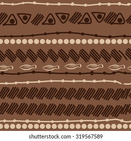 Seamless   pattern of striped motif, ellipses, stripes, fishes, doodles. Hand drawn.