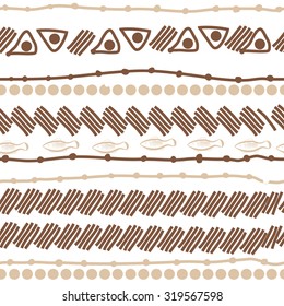 Seamless   pattern of striped motif, ellipses, stripes, fishes, doodles. Hand drawn.