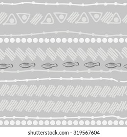 Seamless   pattern of striped motif, ellipses, stripes, fishes, doodles. Hand drawn.