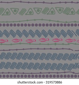 Seamless   pattern of striped motif, ellipses, stripes, fishes, doodles. Hand drawn.