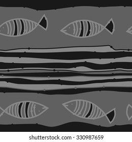 Seamless pattern of striped motif, spots, stripes, doodles, fishes. Hand drawn.