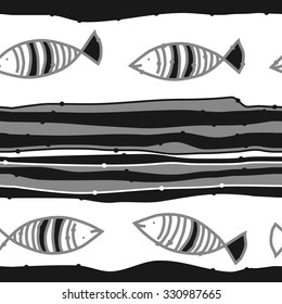 Seamless pattern of striped motif, spots, stripes, doodles, fishes. Hand drawn.