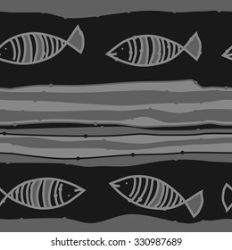 Seamless pattern of striped motif, spots, stripes, doodles, fishes. Hand drawn.