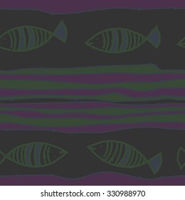 Seamless pattern of striped motif, spots, stripes, doodles, fishes. Hand drawn.