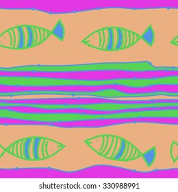 Seamless pattern of striped motif, spots, stripes, doodles, fishes. Hand drawn.