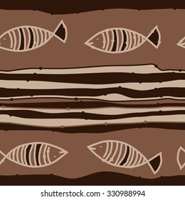 Seamless pattern of striped motif, spots, stripes, doodles, fishes. Hand drawn.