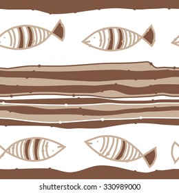 Seamless pattern of striped motif, spots, stripes, doodles, fishes. Hand drawn.