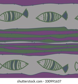 Seamless pattern of striped motif, spots, stripes, doodles, fishes. Hand drawn.