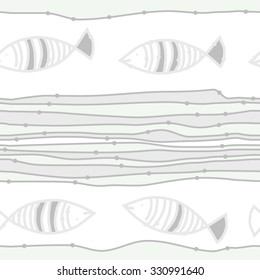 Seamless pattern of striped motif, spots, stripes, doodles, fishes. Hand drawn.