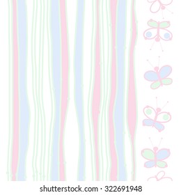 Seamless pattern of striped motif, stripes, spots, butterflies, ellipses. Hand drawn.