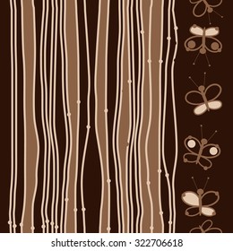 Seamless pattern of striped motif, stripes, spots, butterflies, ellipses. Hand drawn.