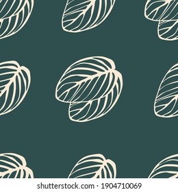 Seamless pattern of striped pink leaves on a green background. Template for printing on textiles, fabric, bedding, wrapping paper, wallpaper. Vector illustration.
