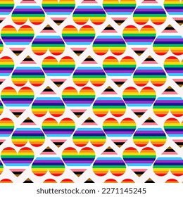 Seamless pattern of striped rainbow hearts on a square white background. Hearts made with colored paint. Rainbow flag wave design element. Vector LGBTQ Pride Heart. 2023 Banner with flag wave.