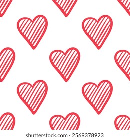 Seamless pattern with striped red hearts in flat doodle style