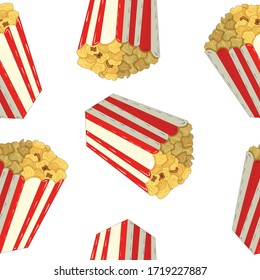 Seamless pattern with striped red and white cardboard boxes of popcorn on white background. Vector illustration in cartoon style. Concept of cinema, tasty snacks, attraction park, movie watching