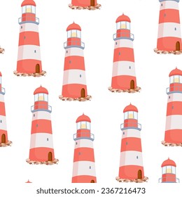 Seamless pattern with striped red and white lighthouse on stones on white background