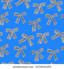 Seamless pattern with striped ribbon bows. Modern hand draw design for a poster, sticker, home decor, wrapping paper, gift, greetings. Fabric textile print. Cute art illustration.