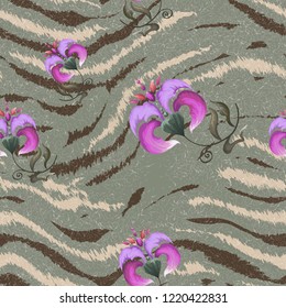 Seamless pattern striped skin of a tiger and flowers.
